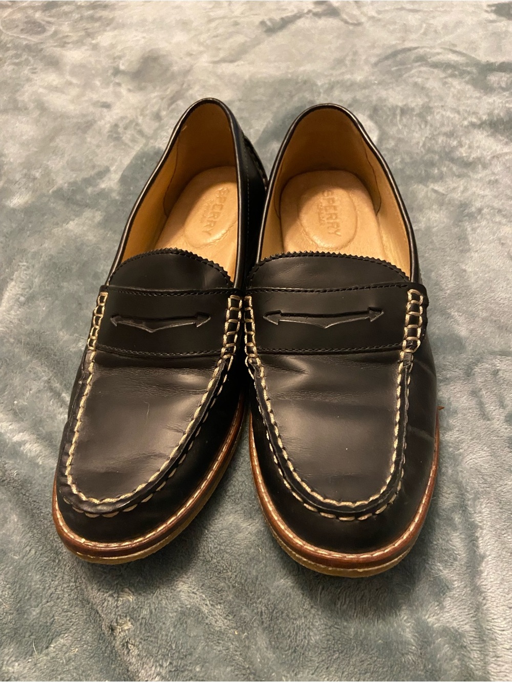 Sperry navy Leather Penny Loafers with Brown Sole size 7
